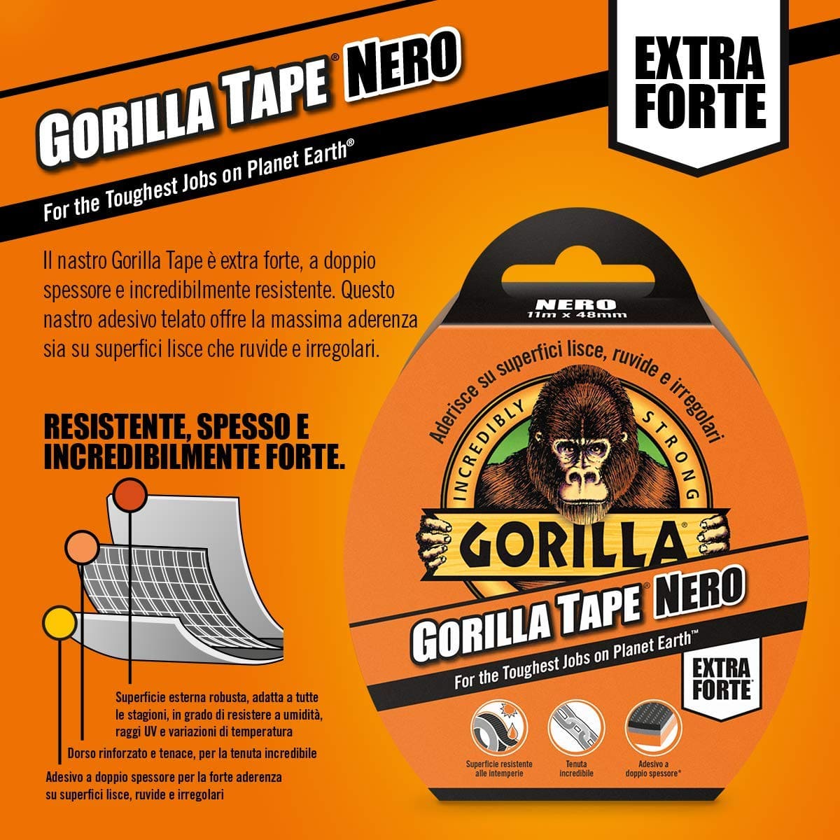Gorilla Tape Nero 11M Nastro Adesivo Telato Doppio Spessore Extra Forte .