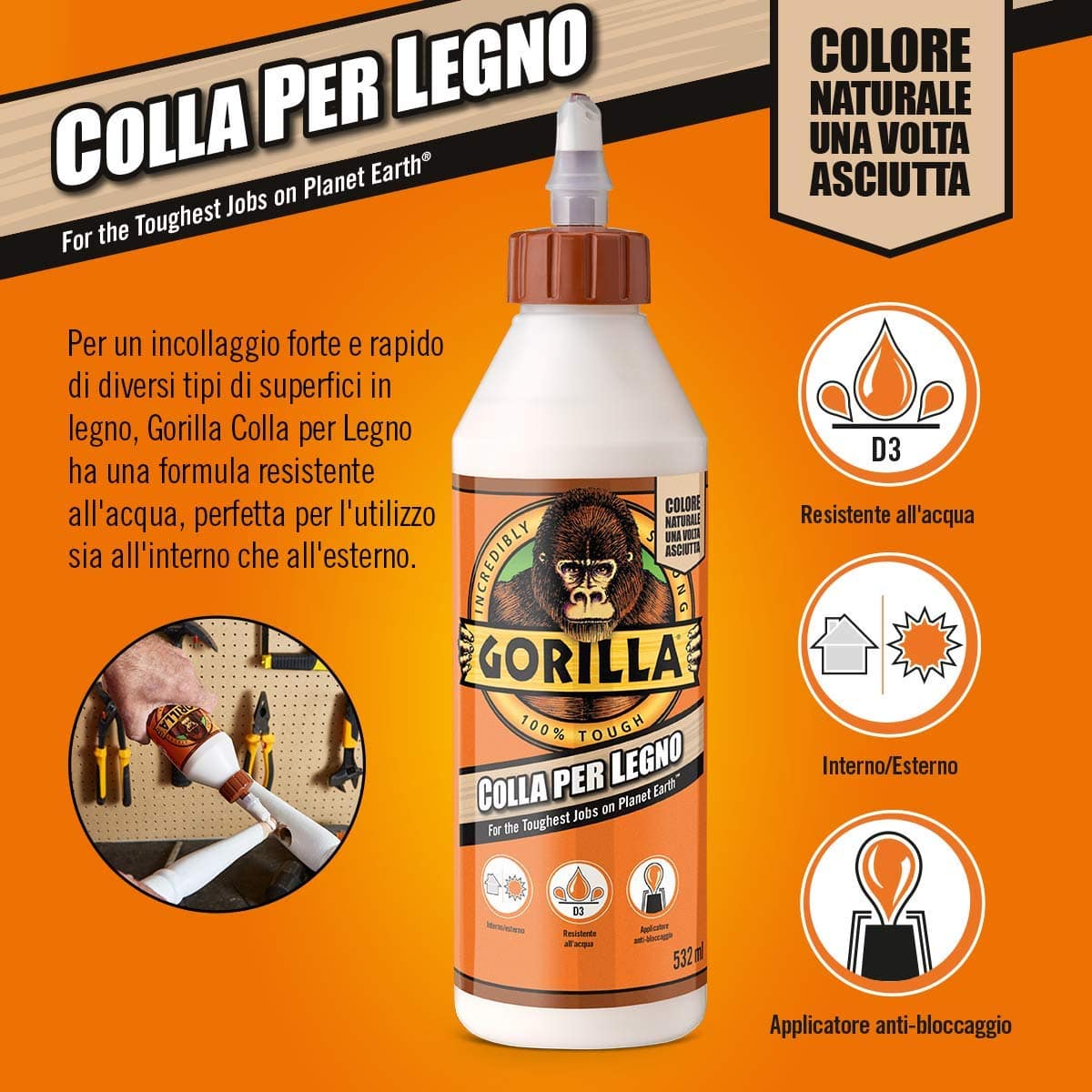 Gorilla Colla Per Legno 532ml Resistente all'acqua Adatta per Interni ed Esterni.