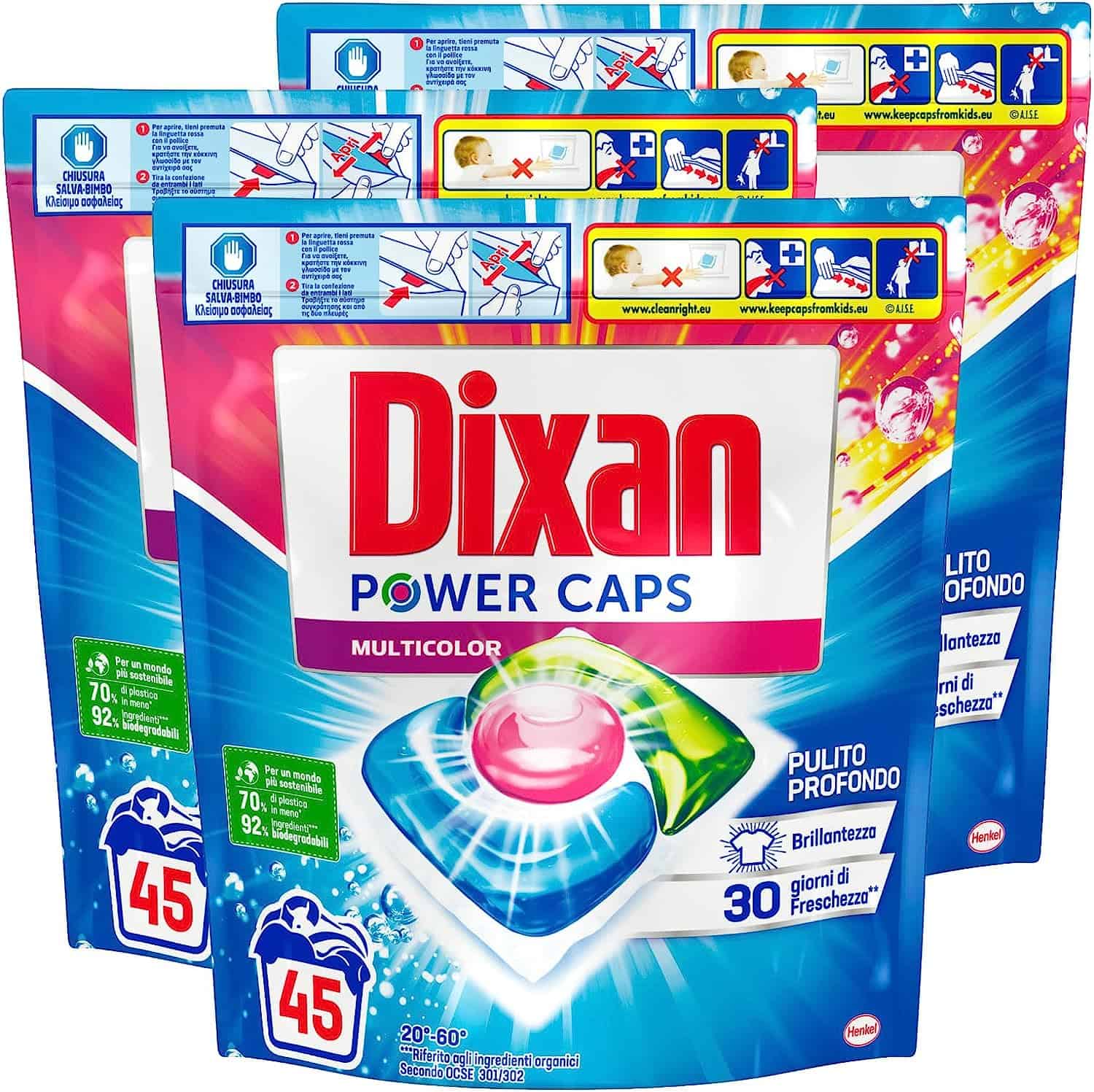 3x Dixan Power Caps Multicolor Detersivo in Capsule Pre-dosato per Lavatrice.