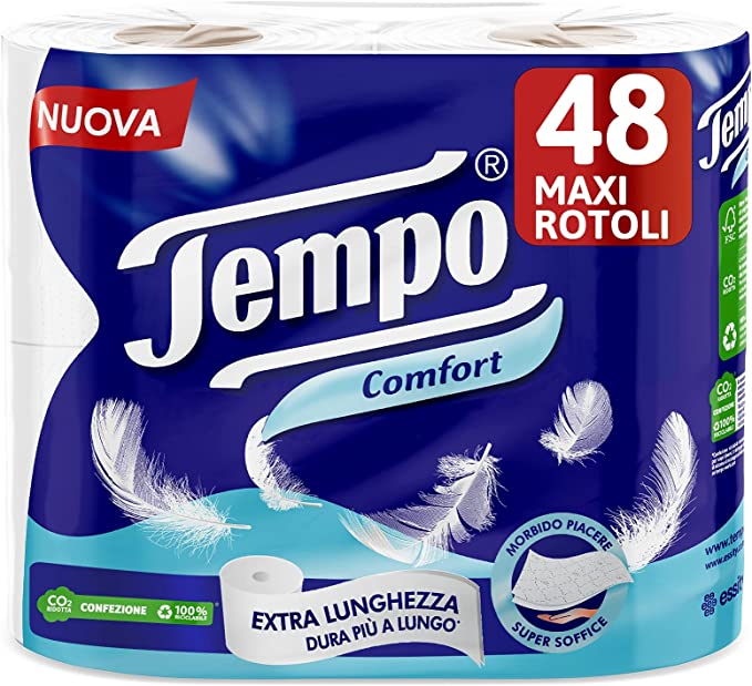 48 Maxi Rotoli Tempo Carta Igienica Comfort Morbida E Resistente.