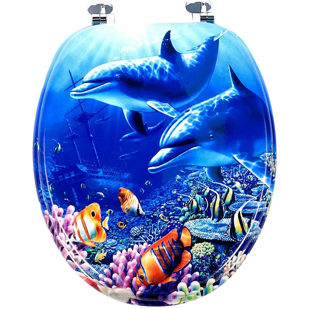 Copriwater Universale con Stampa Delfini Oceano Copri Tavoletta WC Bagno Legno.