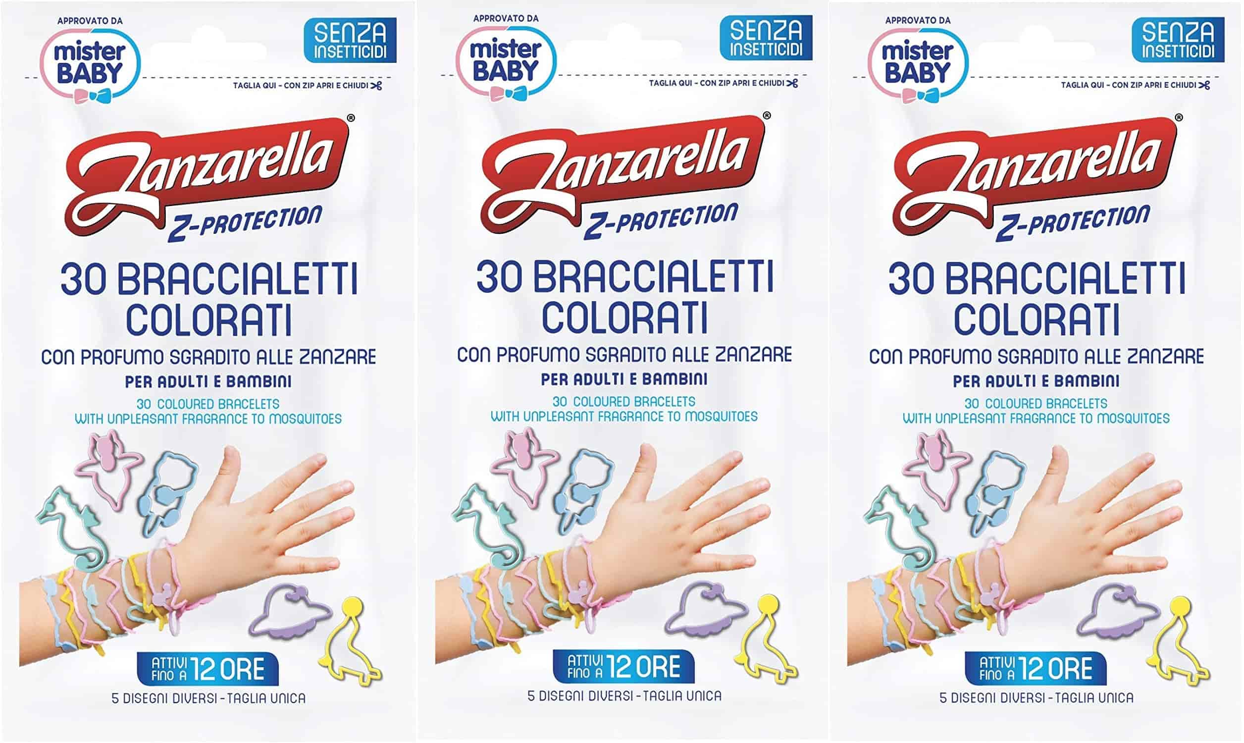 Set 3 Confezioni Zanzarella Braccialetti Antizanzare per Bambini e Adulti 90pz.