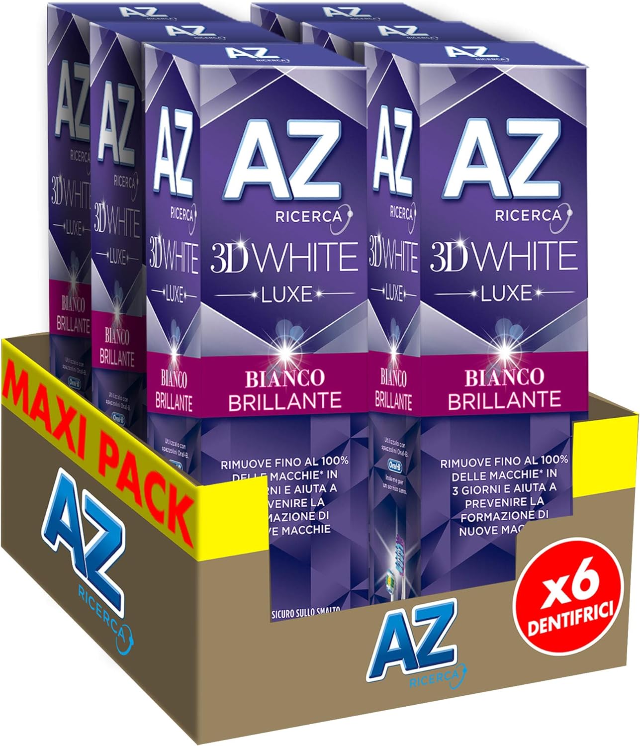 Dentifricio AZ 3D White Luxe con Azione Sbiancante Maxi Formato da 6pz x 75ml.