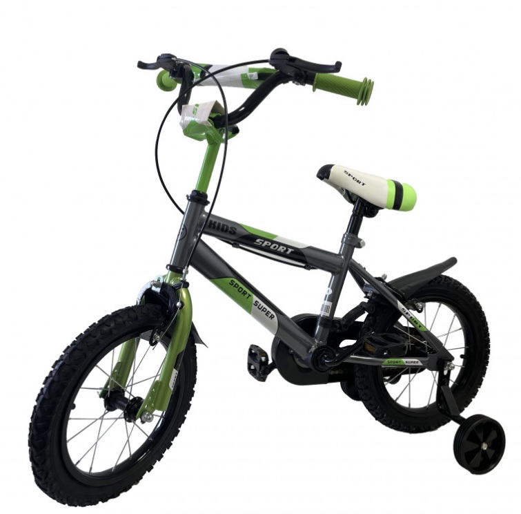 Bici Bicicletta 14'' per Bambino Mod. Sport Verde con Parafanghi e Rotelle.