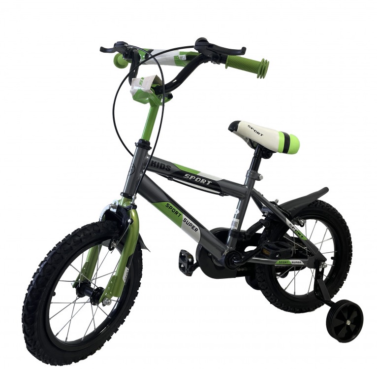 Bici Bicicletta 16'' per Bambino Mod. Sport Verde con Parafanghi e Rotelle