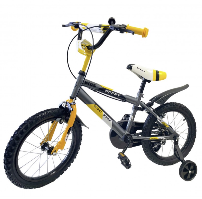Bici Bicicletta 14'' per Bambino Mod. Sport Giallo con Parafanghi e Rotelle