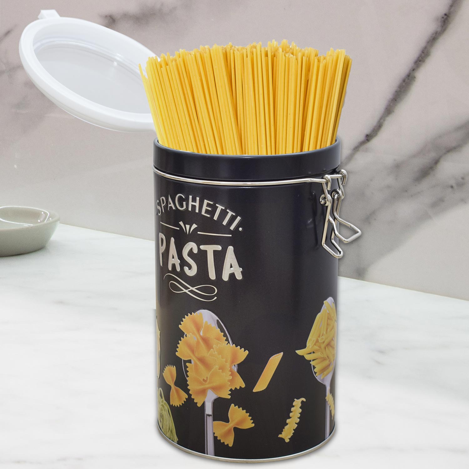Scatola Barattolo in Latta Per Pasta Spaghetti Con Coperchio Salvafreschezza.