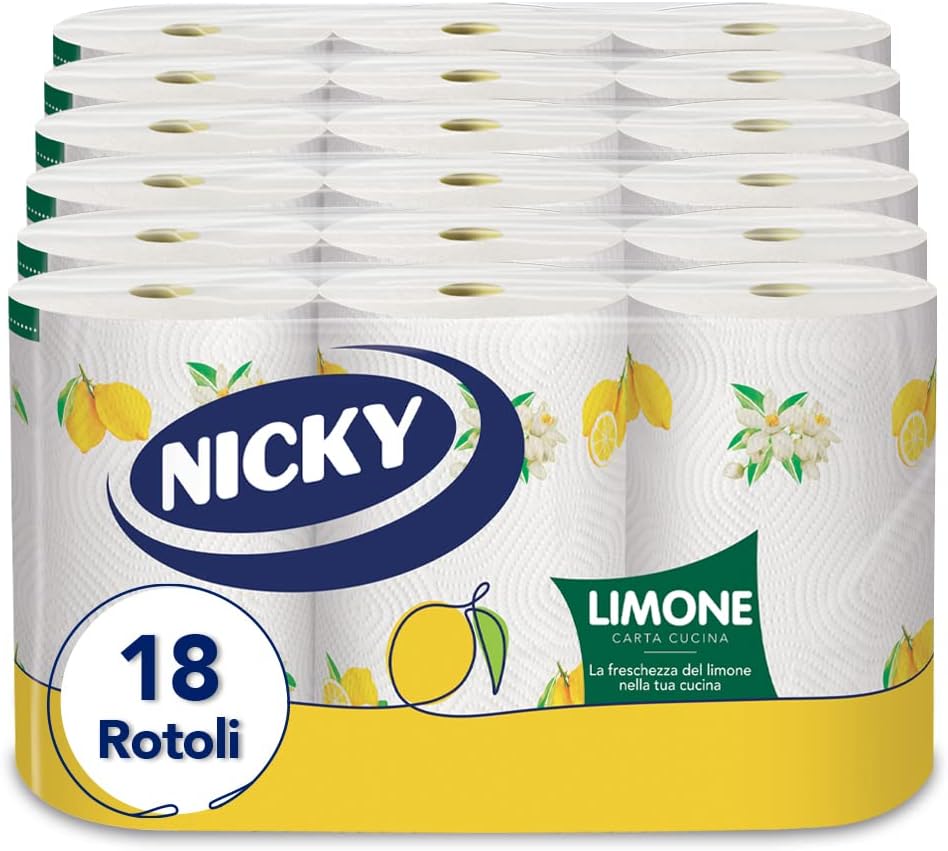 Nicky Limone Carta Cucina Asciugatutto 18 Rotoli a 2 Veli Limone Decorato.