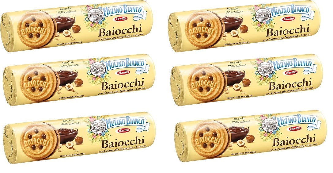 6 Confezioni Mulino Bianco Biscotti Baiocchi con Crema a Nocciola e Cacao Tubo.