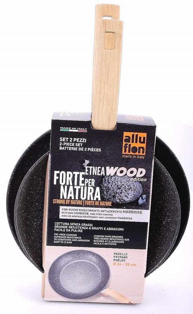 Nero Alluminio ALLUFLON Etnea Wood Edition Set da 2 Padelle 24-28 cm 
