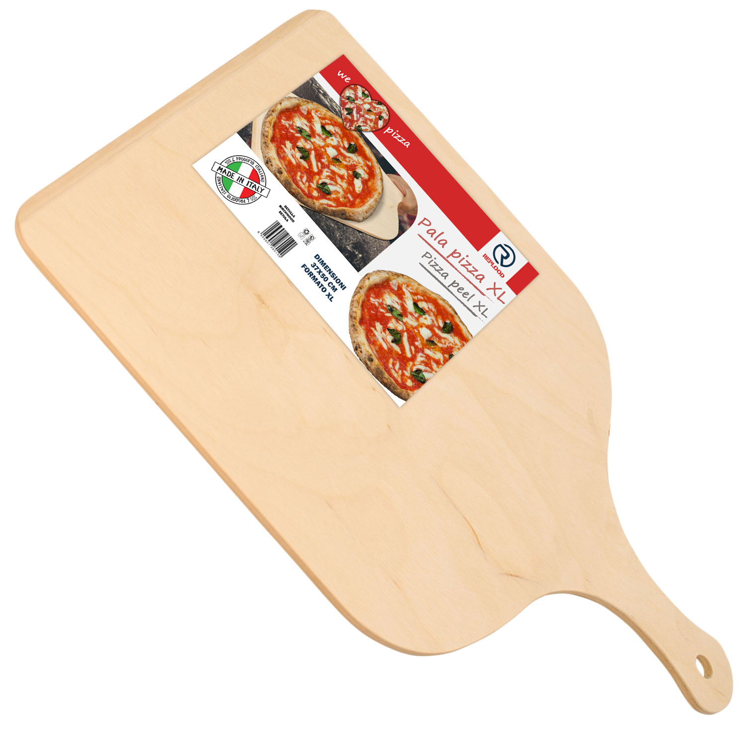 Pala Pizza XL Tagliere Vassoio In Legno Di Betulla 50x37cm Con Impugnatura.