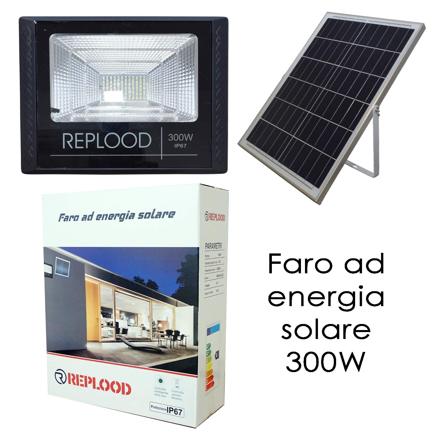 Faro Led 300W Con Pannello Solare Crepuscolare IP67 + Telecomando.