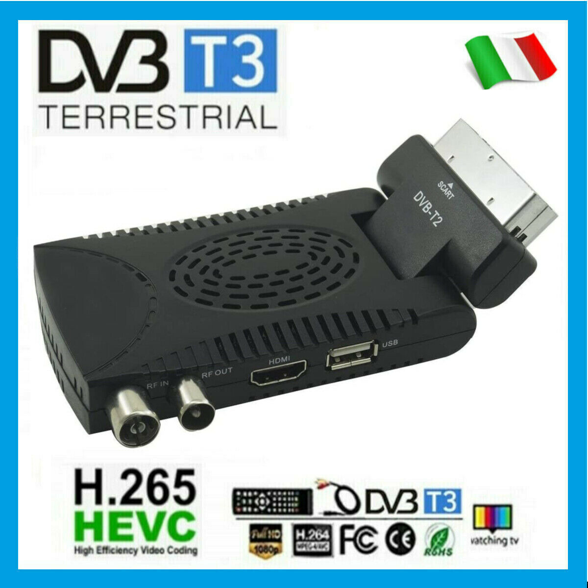 Decoder Digitale Terrestre Scart 4K Dvb-T2 Full HD HDMI Hevc H265 10 bit DVB T3.