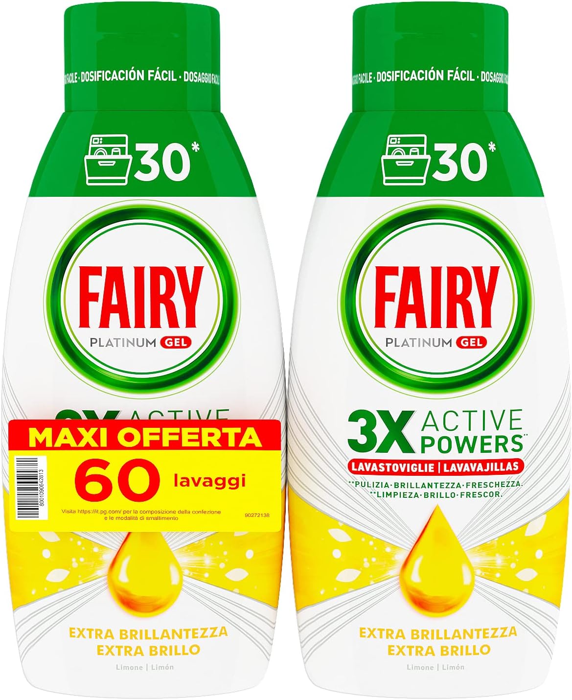 Fairy Platinum Detersivo Lavastoviglie Gel Liquido a Limone 60 Lavaggi 90037 .