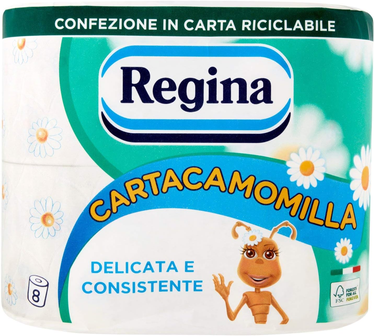 Regina Cartacamomilla 8 Rotoli di Carta Igienica 300 Soffici Fogli a 3 Veli.