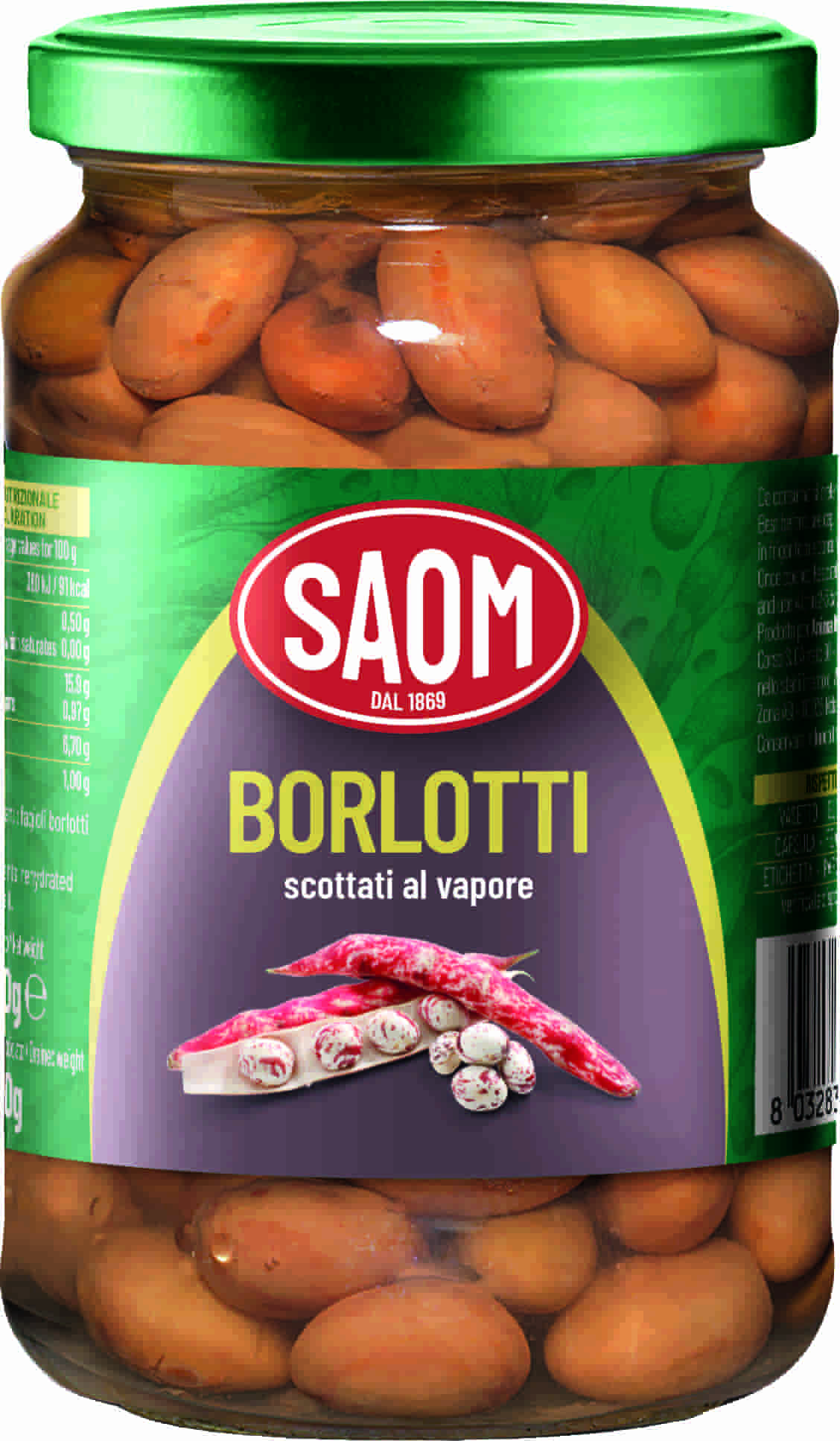 12x Saom Fagioli Borlotti Scottati al Vapore 360gr in Barattolo Vetro 12x360gr.